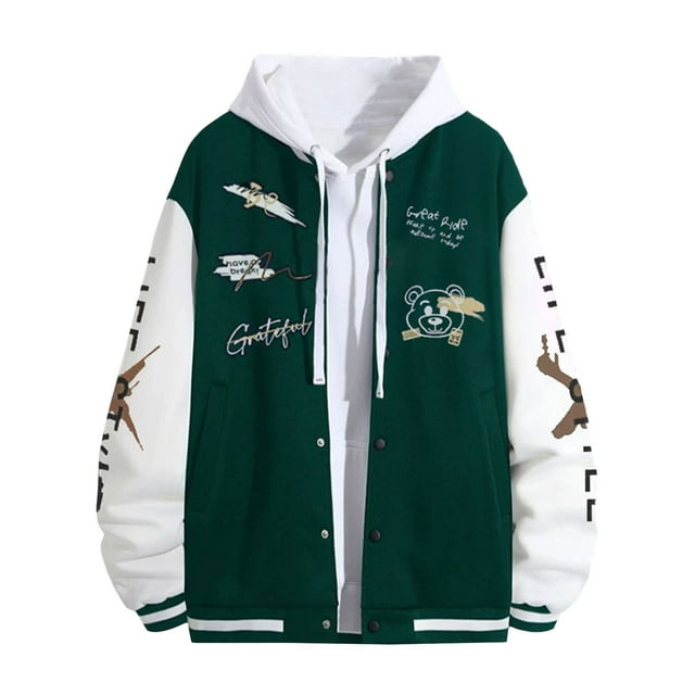 xiaxaixu Men Baseball Jacket, Long Sleeve Button Closure Letters Bear Print Contrast Color Varsity Jacket Fall Casual Jacket