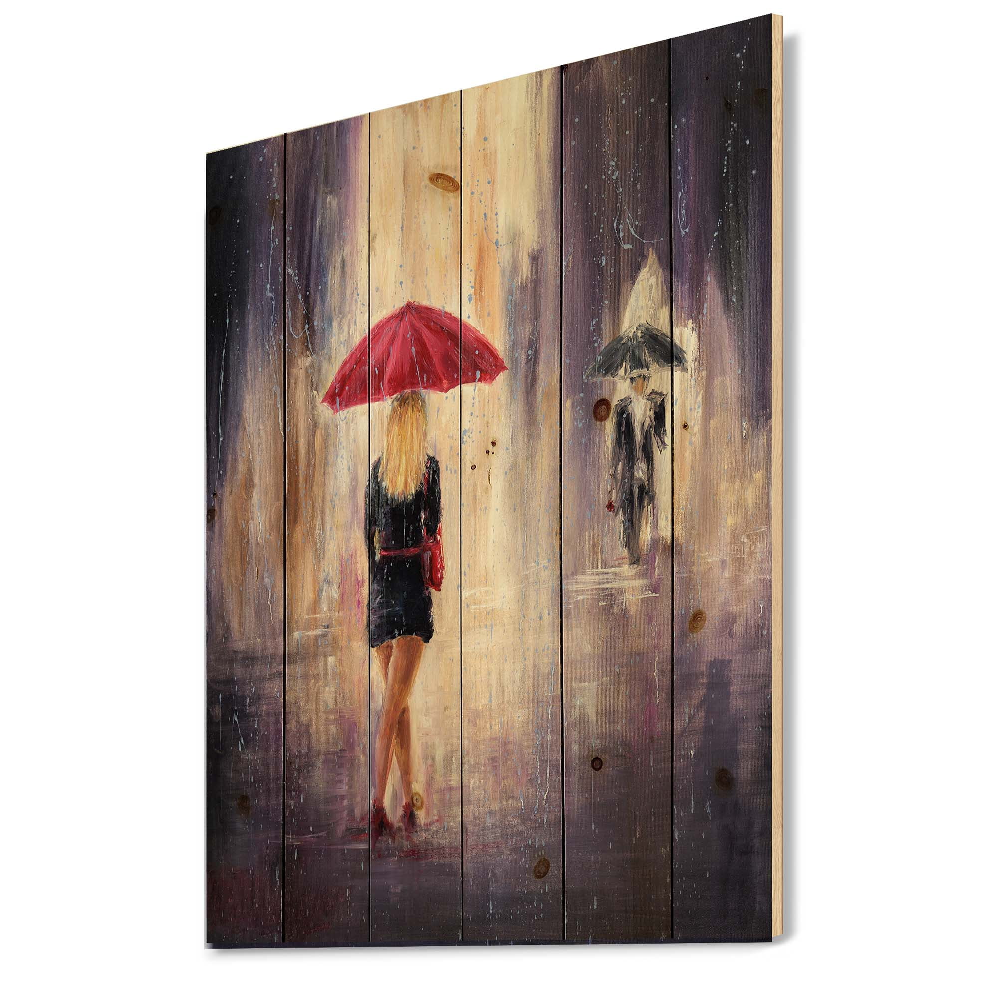 Designart 'The Girl With The Umbrella Walking In The Rain II' French Country Print on Natural Pine Wood