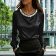 thumbnail image 2 of Women's Satin Long Sleeve Top Blouse Shirt with Pearl Embellished Round Neckline Solid Color Elegant for Casual Work Office Commuting and Business Outfits Fashion Essential Gift for Women, 2 of 9