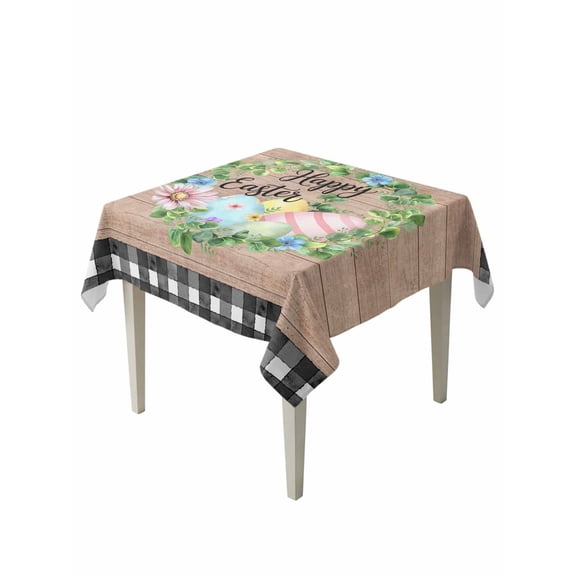 Easter Suqare Tablecloth - 54 x 54 Inch, Spring Colorful Eggs Flower Leaf Wood Grain Plaid Waterproof & StainResistant Tablecloth, Washable Oil-proof Table Cover for Dining/Party/Wedding/Buffet