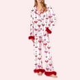 thumbnail image 2 of Arlun Womens Valentine's Pajama Sets 2 Piece Heart Print Soft Button up Satin Pjs 2026 Fashion Feather Trim Long Sleeve Shirt Pants Loungewear Set for Cozy Sleepwear 2-Pink M, 2 of 5
