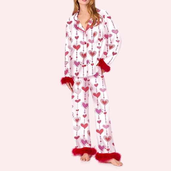 Womens Valentines Pajamas Set Casual Loose Cozy Cardigan Bow Graphic Collar Long Sleeve Button Up Loungewear Soft Two Piece Holiday Sleepwear With Pockets Pink L