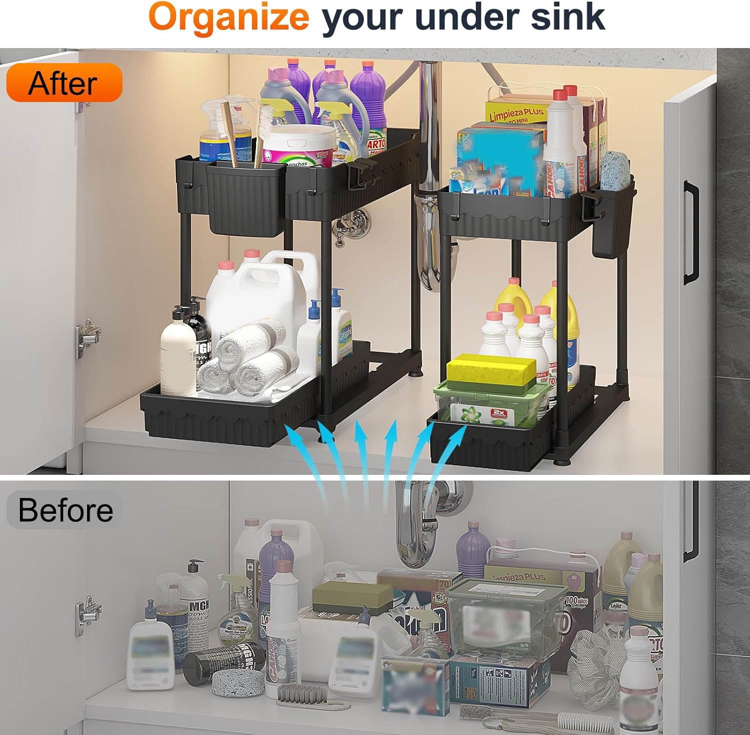Under Sink Organizer, 2 Tier Pull Out Cabinet Organizer with Hang Hooks and Cups (Black, 4 Pack)