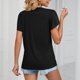 thumbnail image 5 of Camiseta informal holgada de Color puro con empalme de encaje y mangas cortas con cuello en V para mujer, 5 of 7