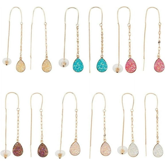 6 Pairs Threader Earrings for Women Gold Chain Threader Colorful Droplet Dangle Gemstone Earrings Natural Labradorite Gold Long Chain Lightweight Threader Earrings for Sensitive Ears Mixed Color