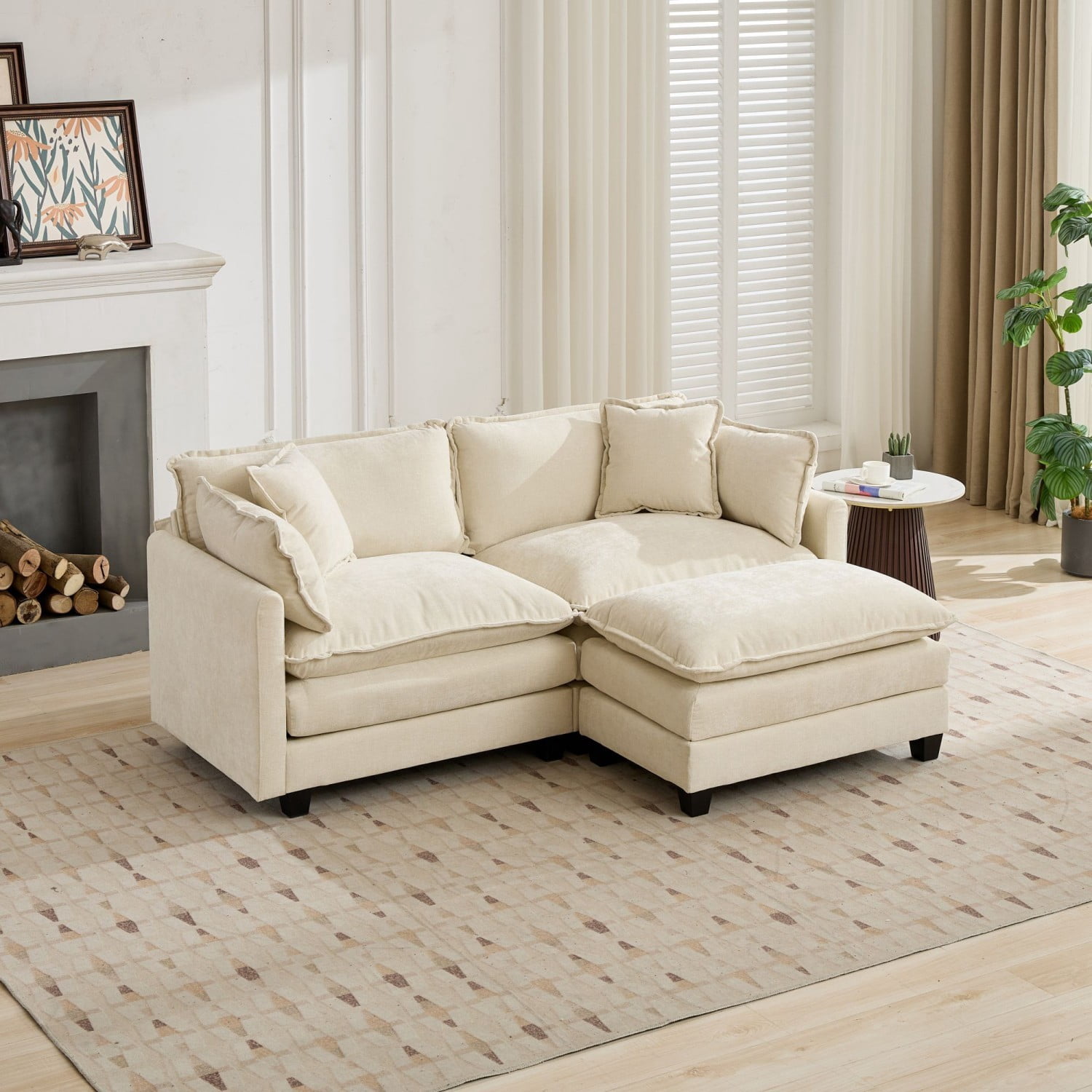 Cloud Sofa Ottoman, Modular Oversized Ottoman for Sectional Couch, Chenille Upholstered Footrest Stool for Living Room, Bedroom, Apartment, Beige