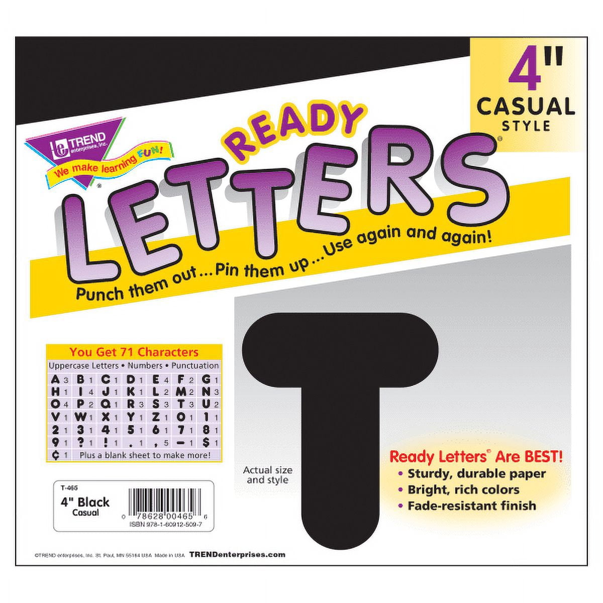 Trend Black 4-Inch Casual Uppercase Ready Letters (T465)