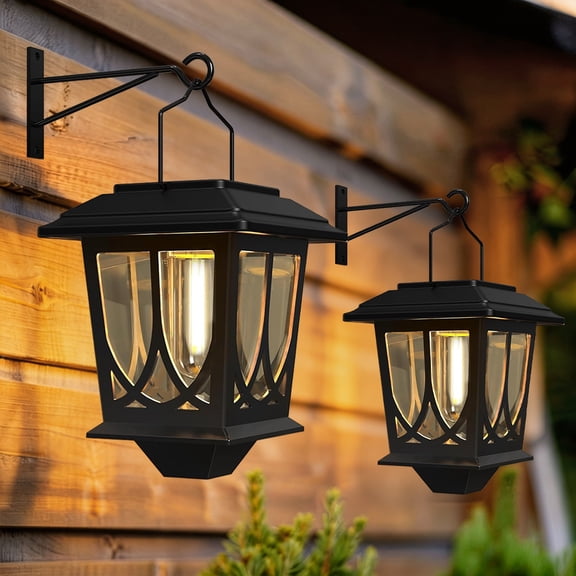 2 Pack Solar Wall Lanterns, Outdoor Solar Lanterns Waterproof, Auto On/Off LED Hanging Solar Lights, Anti-Rust Waterproof Outdoor Lanterns with Hooks, Warm White