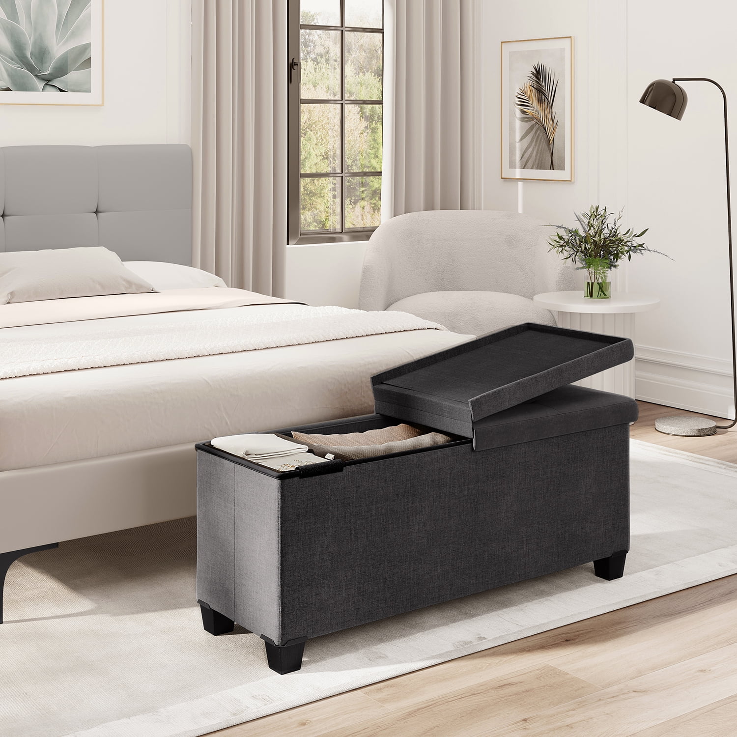 StorageBud Ottoman with Storage Bench, 43-inch Storage Ottoman, Linen, White