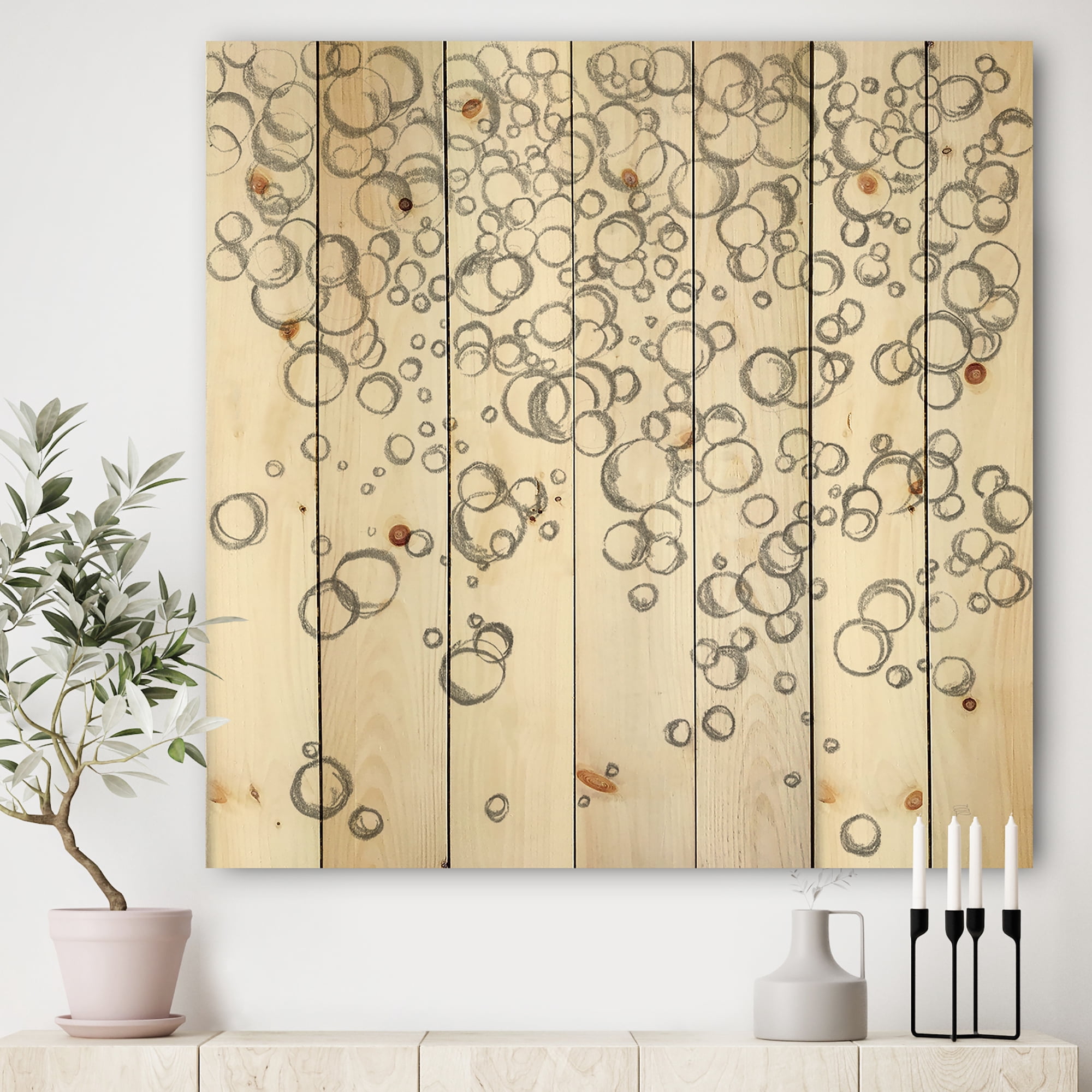Designart 'Simple Bubbles I' Mid-Century Modern Print on Natural Pine Wood