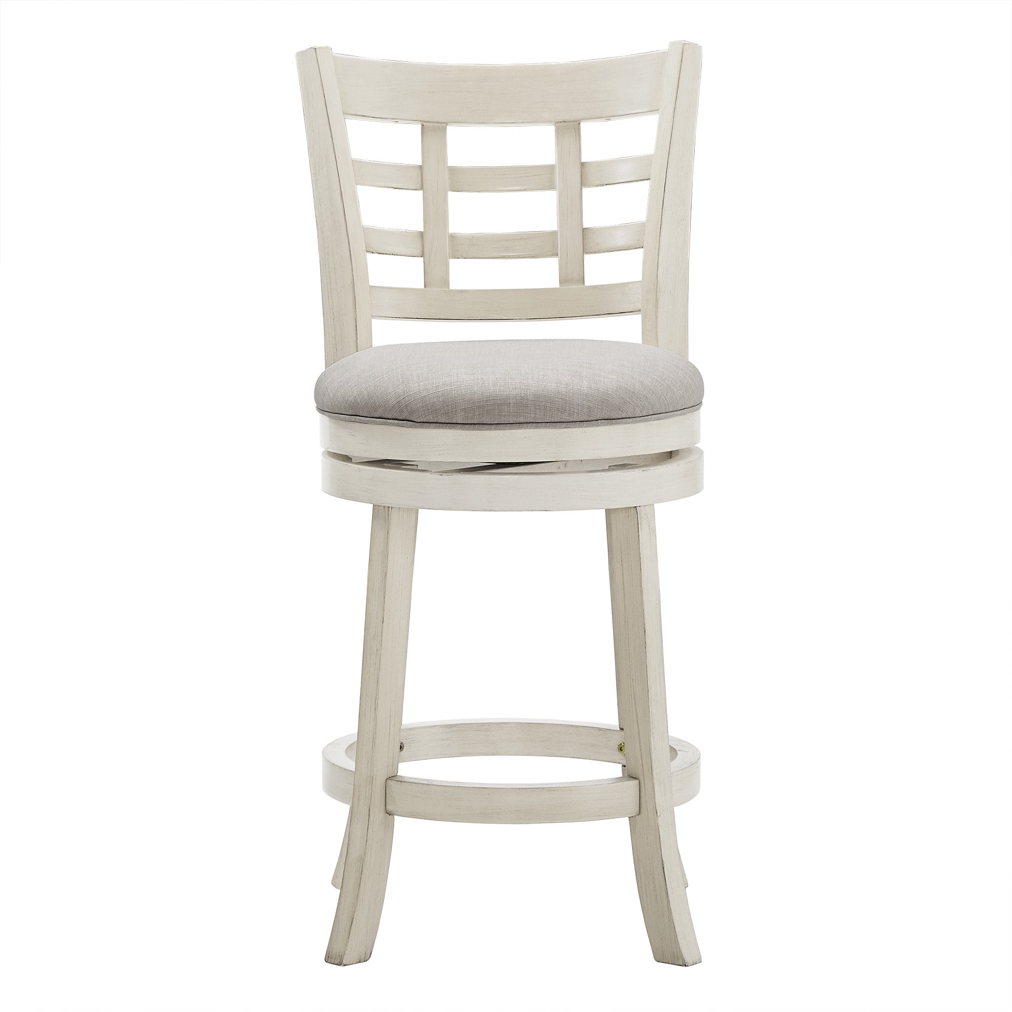Weston Home Shapel Window Back 24"H Swivel Counter Height Stool, Antique White Finish, Grey Linen
