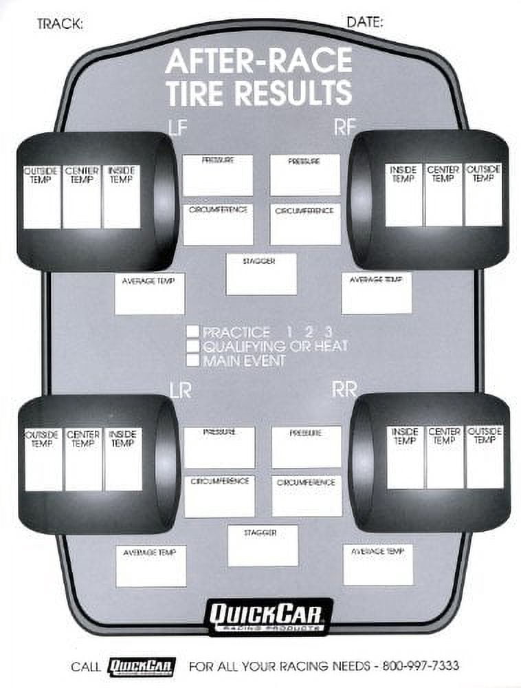 Quickcar Racing Products After Race Tire Set-Up Forms (50 PK)