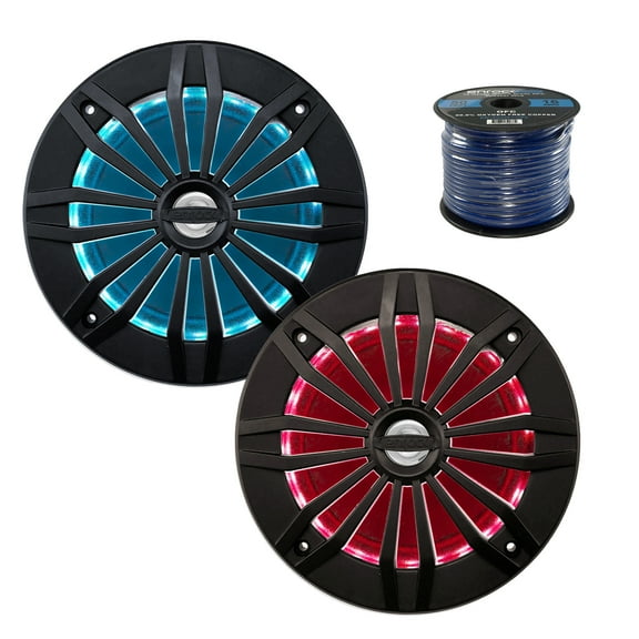 2X EnrockMarine 6.5-Inch Black 2 Way, 200 Watt, Marine, Loudspeaker Featuring Multi Color Illumination Options and Remote Control, Enrock Audio Marine Grade Spool of 50 Foot 16-Gauge Speaker Wire