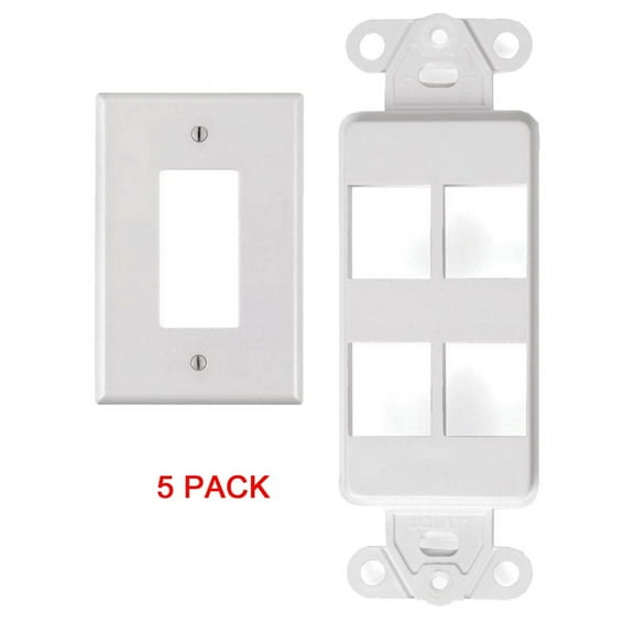 White 4 Port Decora Keystone Snap-in Jack Modular Wall Insert Cover Plate (5/pk)