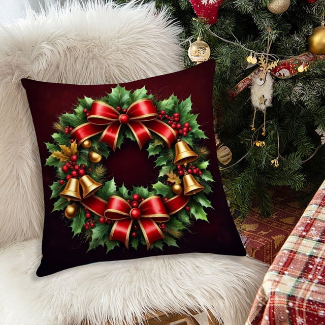 Adornos navideños, regalos navideños, funda de almohada navideña de 45 x 45 cm con lazo y festival, para sofá, de lino.