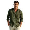 thumbnail image 2 of Mens Linen Shirt Long Sleeve Button Down Casual Loose Fit Breathable Summer Top Solid Color Lightweight Beach Vacation Wear for Men Army Green S, 2 of 7