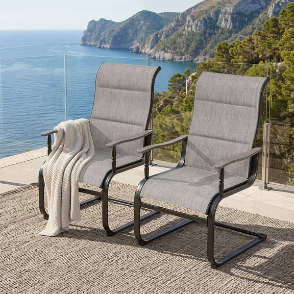 Nuu Garden 2-Piece Patio Chair Set, C-Spring Motion Patio Dining Chairs with Wood-Grain Armrests and High Backrests, Padded Textilene Outdoor Dining Chairs, All-Weather, Grayish