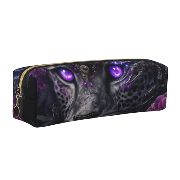 Easygdp Purple-Eyed Floral Leopard para Estuche de Lápices de Cuero, Estuche de Papelería de Cuero, Estuche de Gran Capacidad con Cremallera