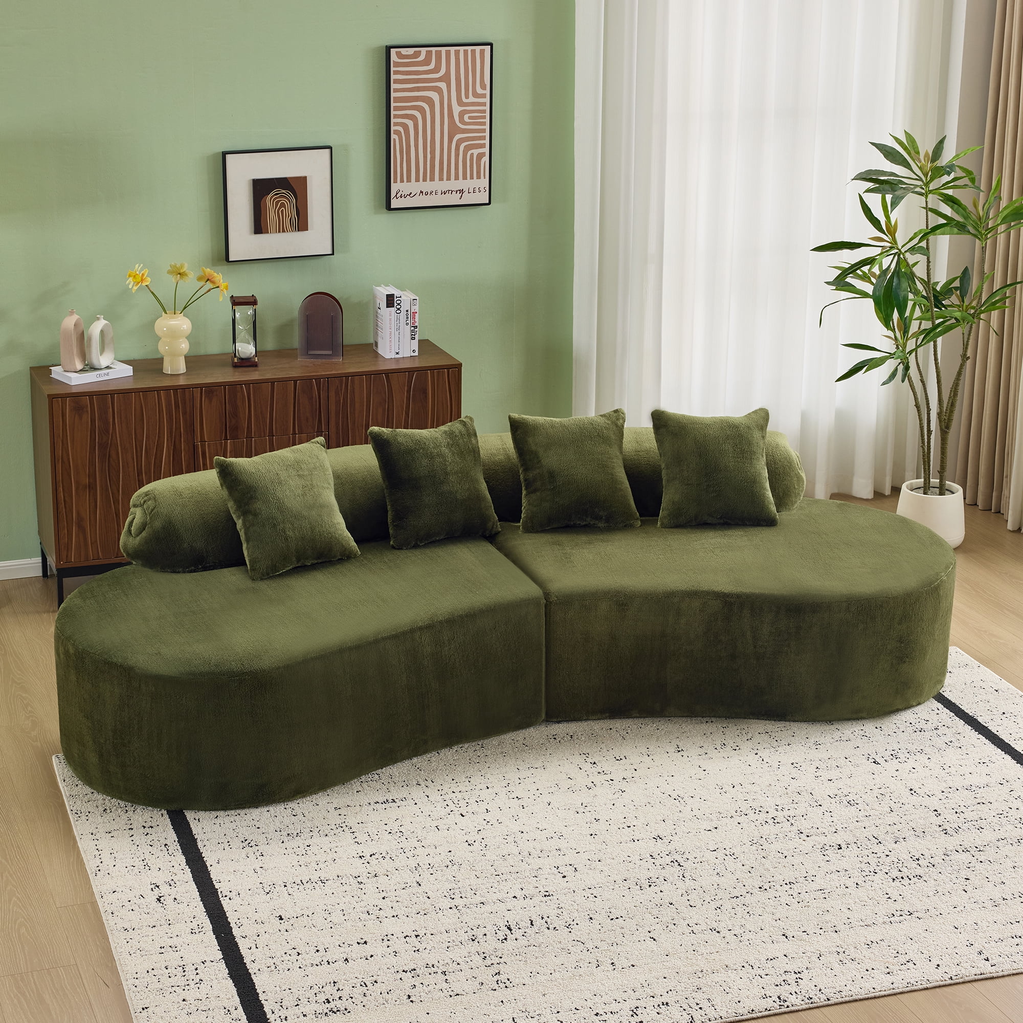 Modular Sofa, Green Curved Plush Sectional with Foam Spring Support, 111-Inch Multi-Seat Sleeper for Living Room and Small Spaces
