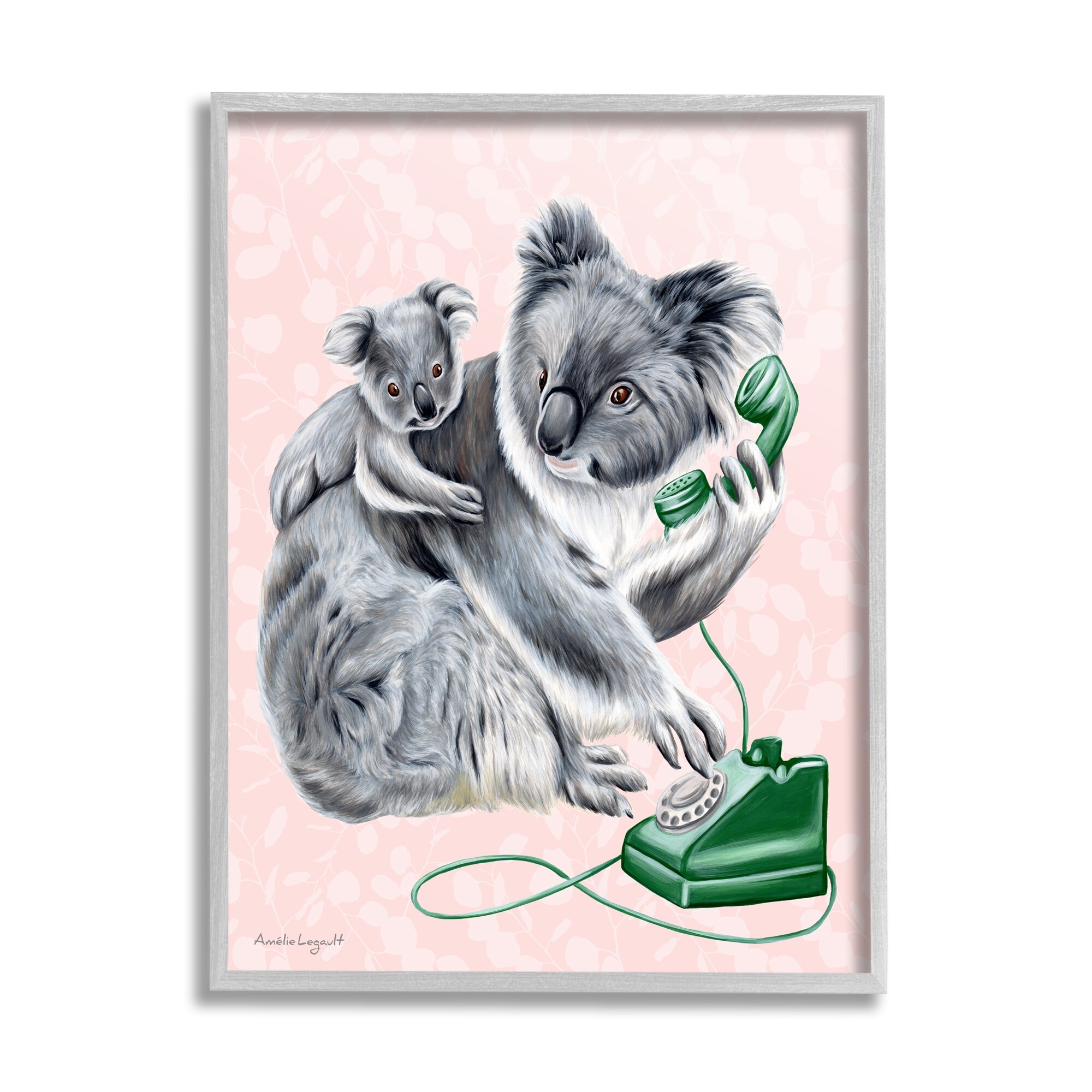 Stupell Industries Koala & Baby Green Rotary Phone Vintage Botanicals Graphic Art Gray Framed Art Print Wall Art, Design by Amelie Legault