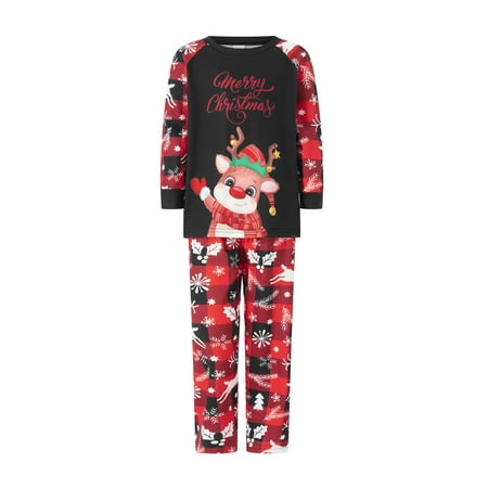 

Family Matching Christmas Pajamas Elk Letter Print Tops+Tree Snowflake Deer Plaid Printed Elastic Waist Pants Set/Romper Sleepwear