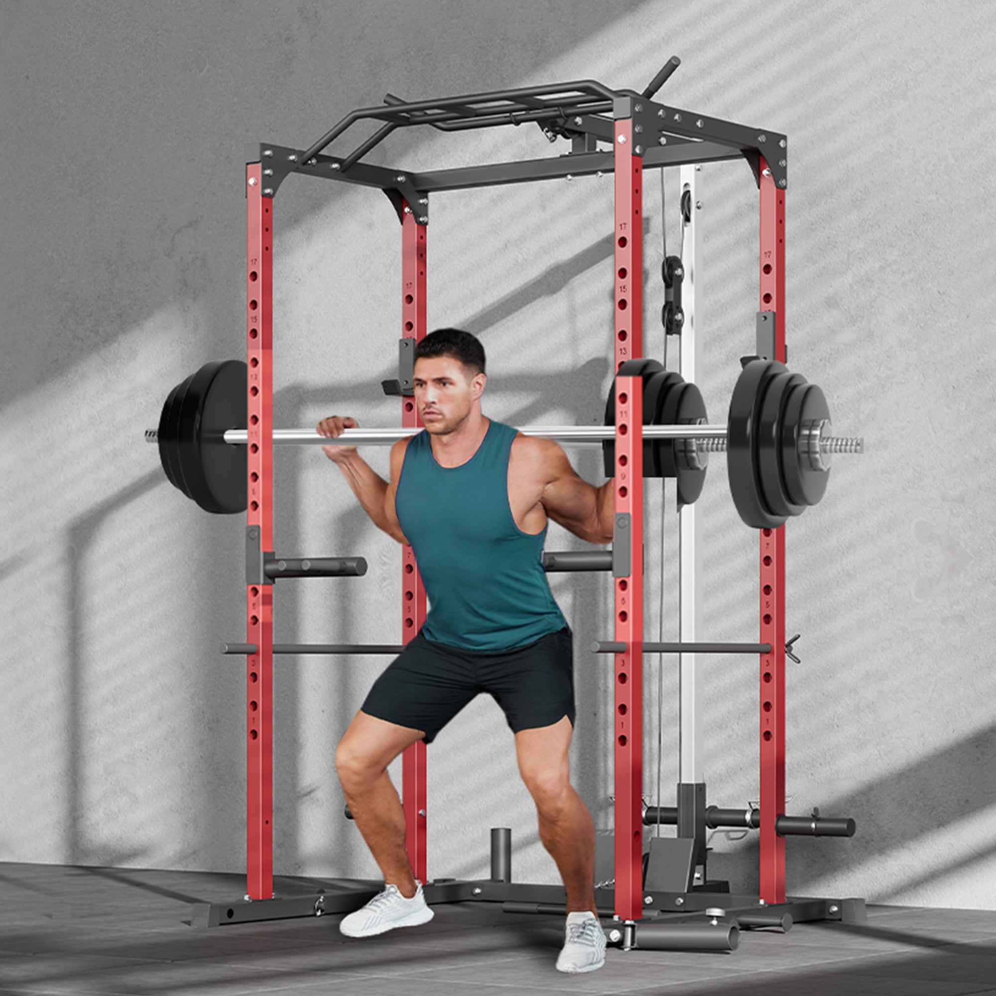 MAROUTE 1200LBS Power Cage Squat Rack for Home Gym – Multi-Functional Power Rack with Pulley System, Lat Pulldown, Low Row, Dip Handles, J-Hooks, 360° Landmine– Heavy Duty Strength Training Equipment