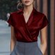thumbnail image 1 of TaTaai 2026 Spring Women’s Lapel Satin Tee Short Sleeve Loose Blouse Casual Solid Color Fashion Top Elegant Polyester Office Daily Shirt Gift, 1 of 9