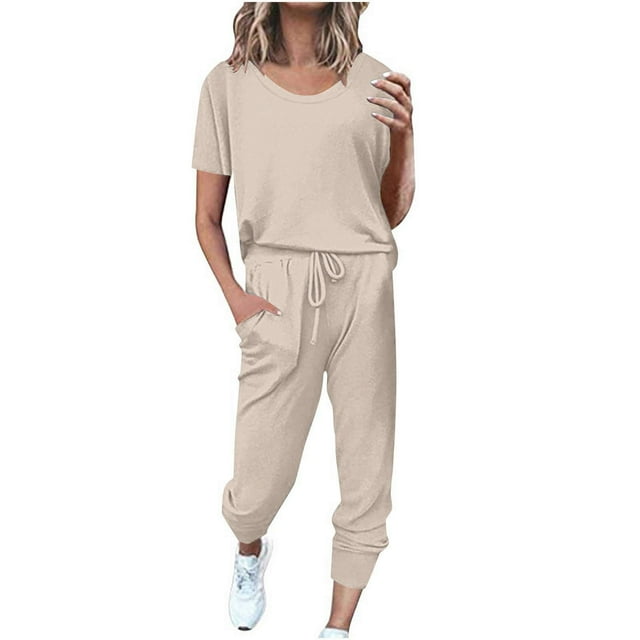 Yuyuzo Ensembles d'Entraînement pour Femmes 2 Pcs T-Shirts à Manches Courtes à Col Ras du Cou Pantalons Jogger à Cordon avec Poches