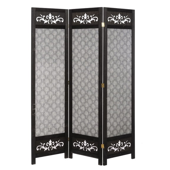 3 Panel Room Divider Solid Wood and Canvas with Decorative Cutouts Tree Design 67" Tall Black