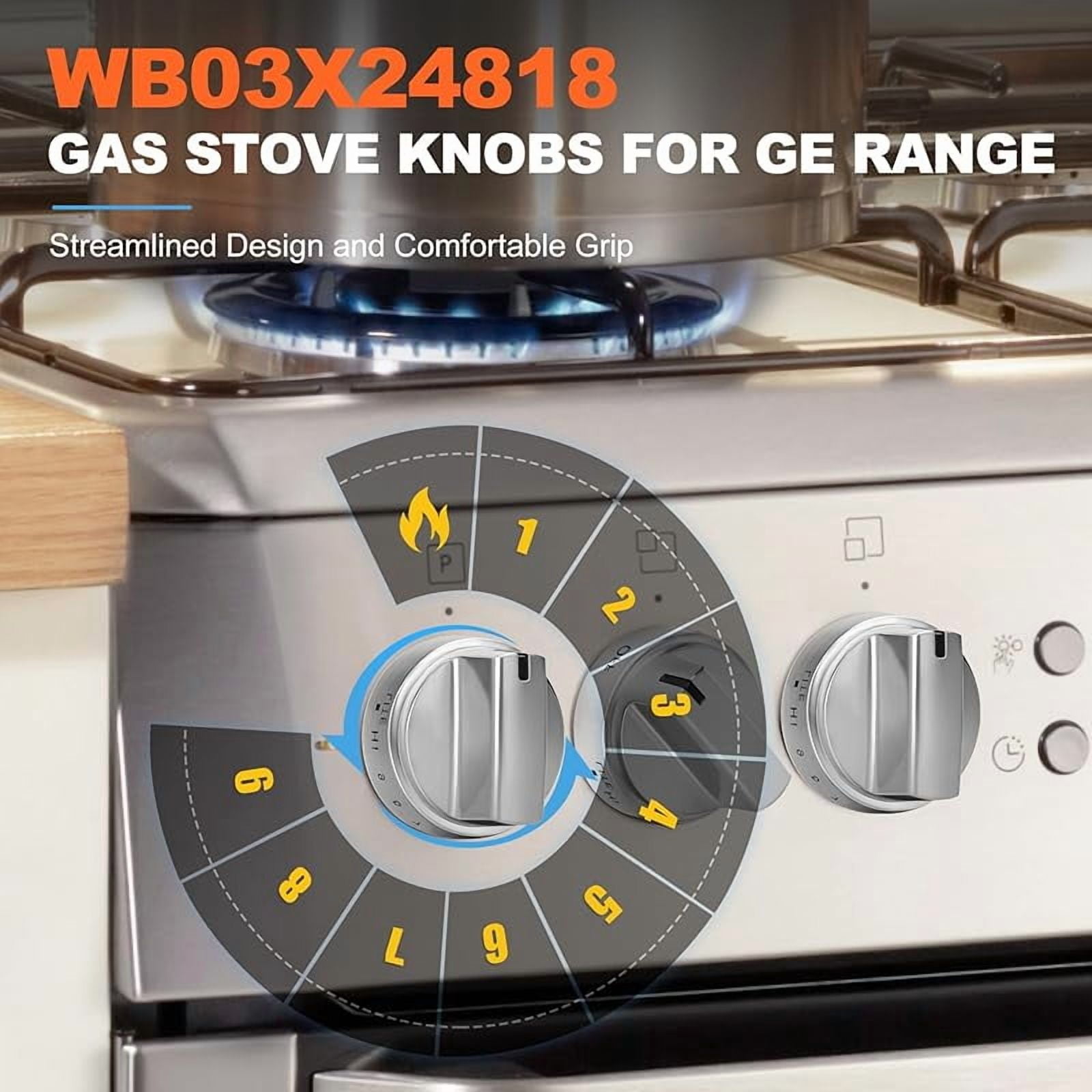 WB03X24818 Stove Knob Replacement Compatible with GE Stainless Steel Gas Range Burner Stove Knob Replace PS11729081 AP5989029 EAP11729081 4363588（5 Pack, Not Universal）