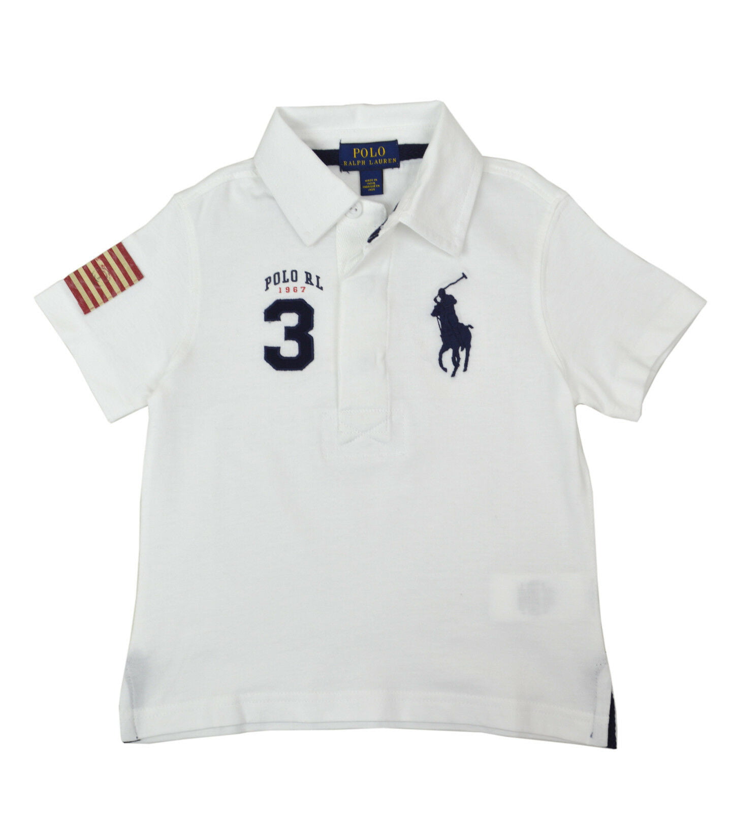 New Polo Ralph Lauren Boys White Blue USA Big Pony Polo Shirt L Large 14-16  9185-3 