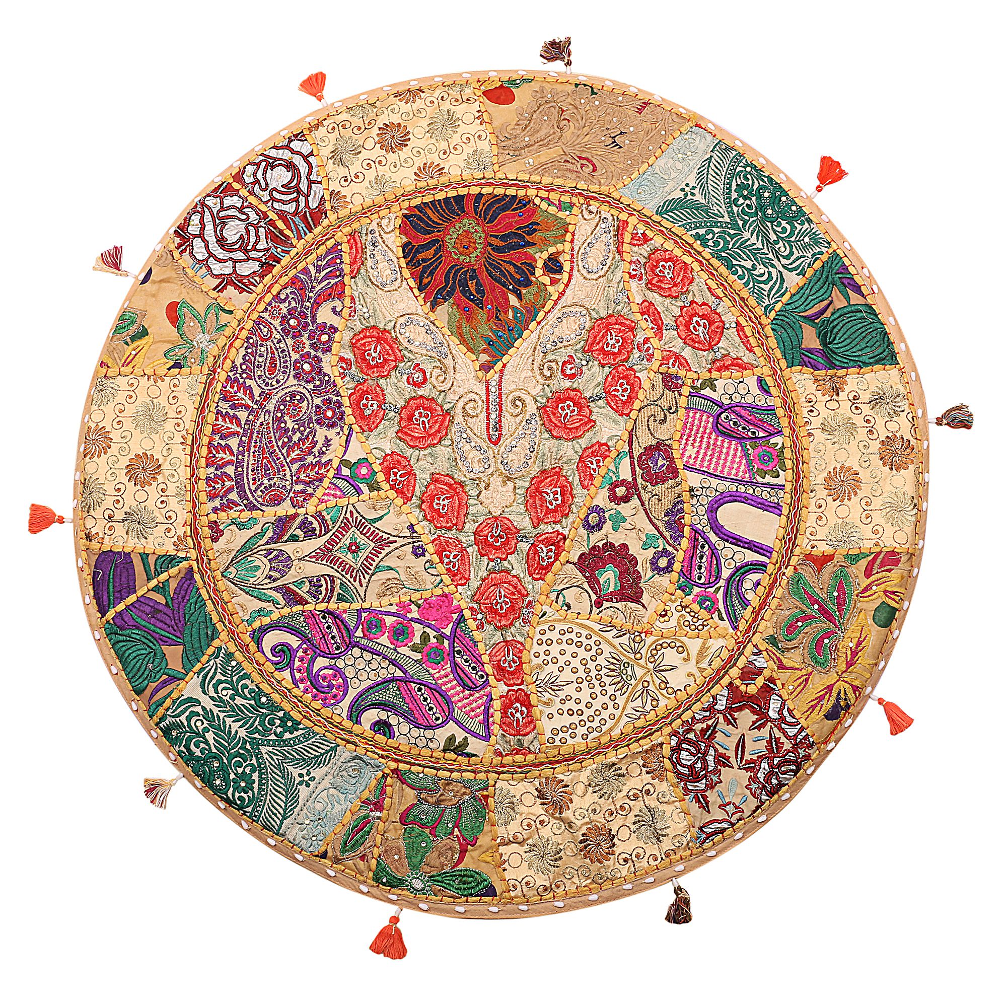 Cuscino Da Terra Rotondo Vintage In Cotone Patchwork Ricamato - Marrone 55 Cm - Fodera Con Cerniera (senza Imbottitura)