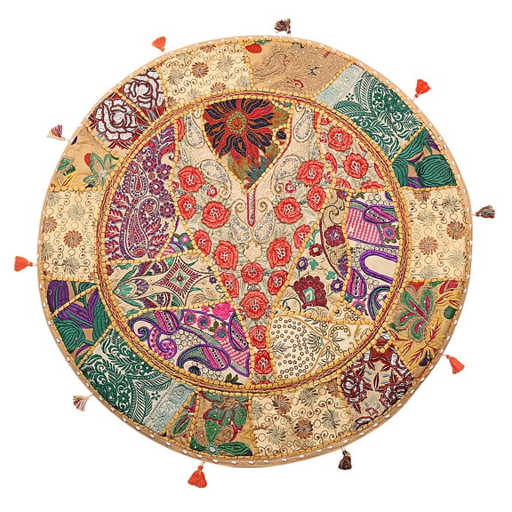 Stylo Culture Indian Round Floor Cushion Cover Vintage Patchwork Pouf Pillow Case Beige 28x28 Big Decorative Decor Seating Tuffet Seat Pouf Cover Footstool Cotton Embroidered 1 Pc