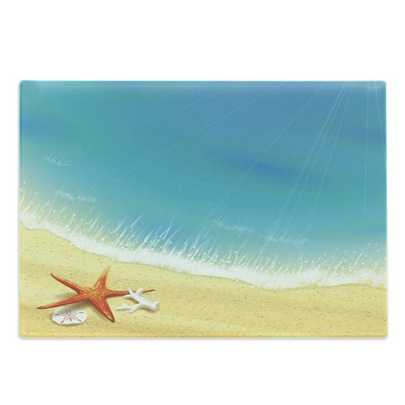 Starfish Cutting Board, Seashore View Waves on Sandy Beach Caribbean Paradise Summer Season Illustration, Decorative Tempered Glass Cutting and Serving Board, Large Size, Multicolor, by Ambesonne