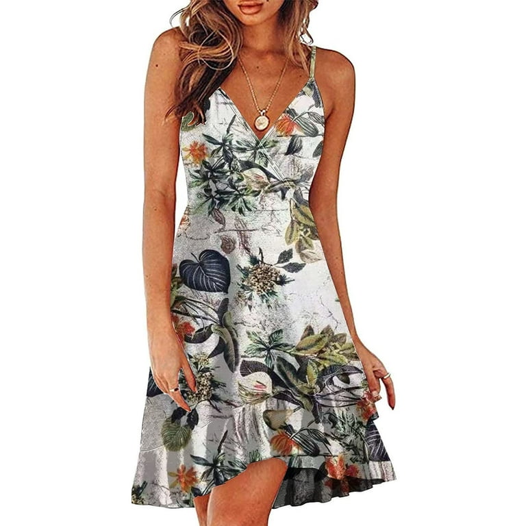 Dresses for Women 2022 Mid Length Womens Summer Dresses For Beach V Neck Tank Dress Plus Size Spaghetti Straps Dresses Floral Boho Sun Dress Walmart.com