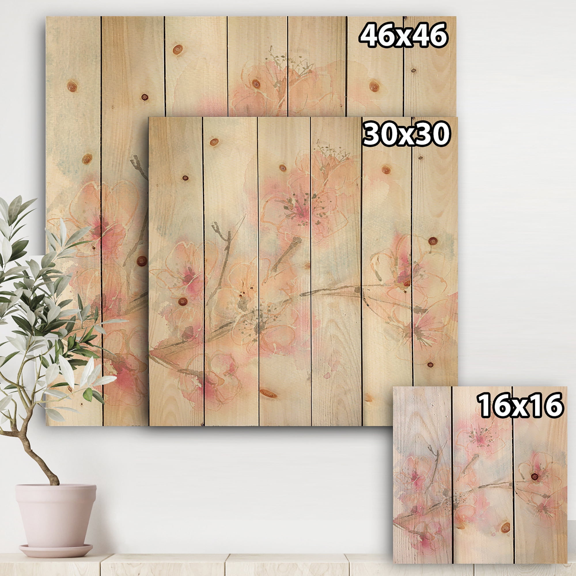 Designart 'Pink Blossoms Branch' Floral Cottage Print on Natural Pine Wood