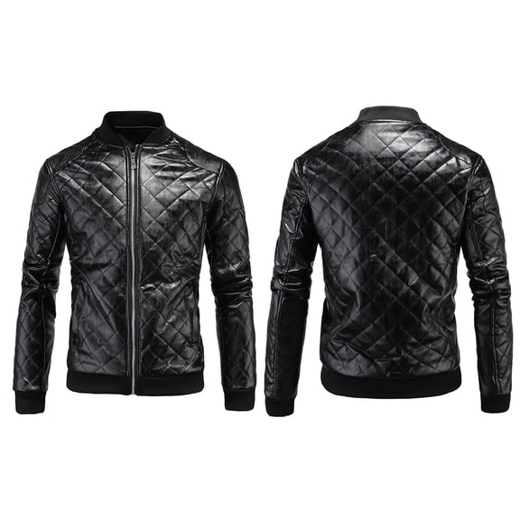 Holloyiver Men's winter new casual leather jacket British stand-up collar diamond-shaped leather jacket leather jacket Black