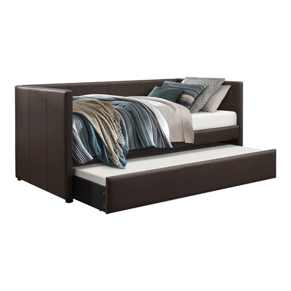 Lexiconhome Adra Faux Leather Upholstered Daybed with Trundle in Dark Brown