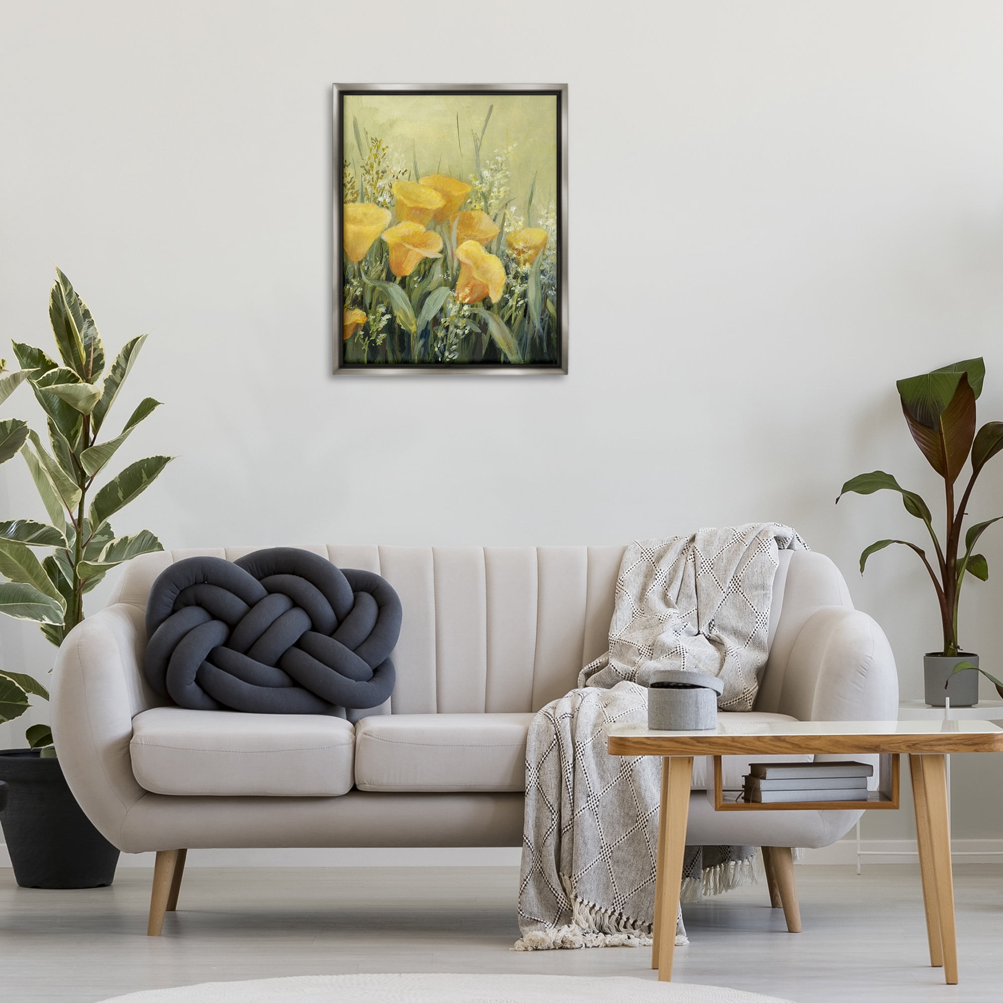 Stupell Industries Golden Horned Poppies Plants & Flowers Painting Gray Floater Framed Canvas Art Print Wall Art, 25 x 31