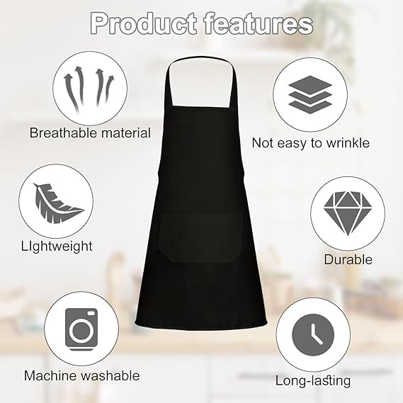 12 Pack Bib Apron,Unisex Black Plain Aprons,Aprons Bulk with 2 Pockets,Bib Aprons with Long Ties, 23 x 28 Inch