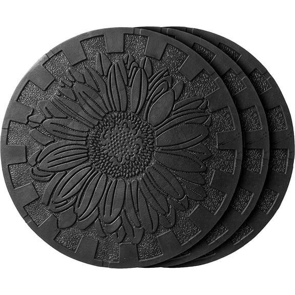 HF by LT Deluxe Rubber Stepping Stone, Sunflower Design, Heavy Duty 13 inch All-Weather Garden Tile, Black, Set of