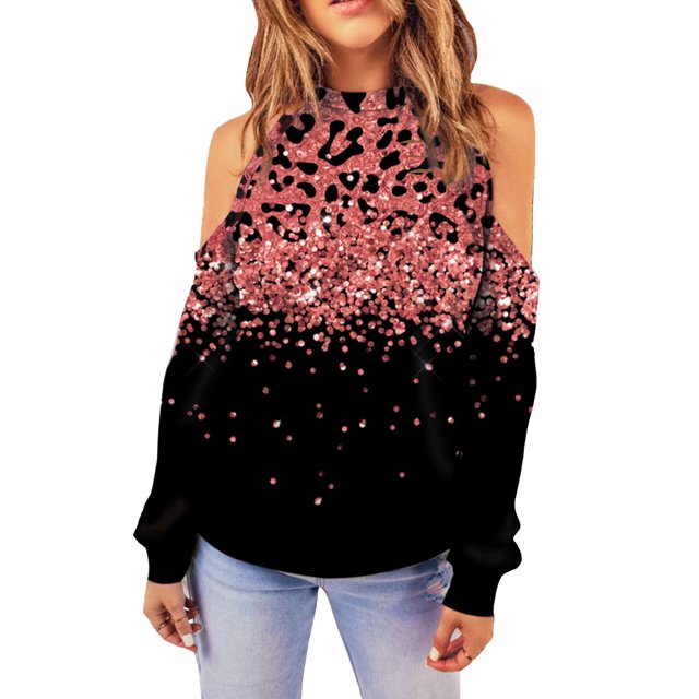 Tops de manga larga con hombros descubiertos, Tops de mujer transpirables y suaves con gradiente de moda para ir de compras a diario, negro M