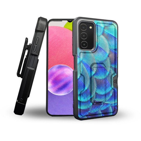 ANJ  Rugged Shockproof Holster Case Card Slot Kickstand   Tempered Glass Cover for Samsung Galaxy A03s - Blue Feather