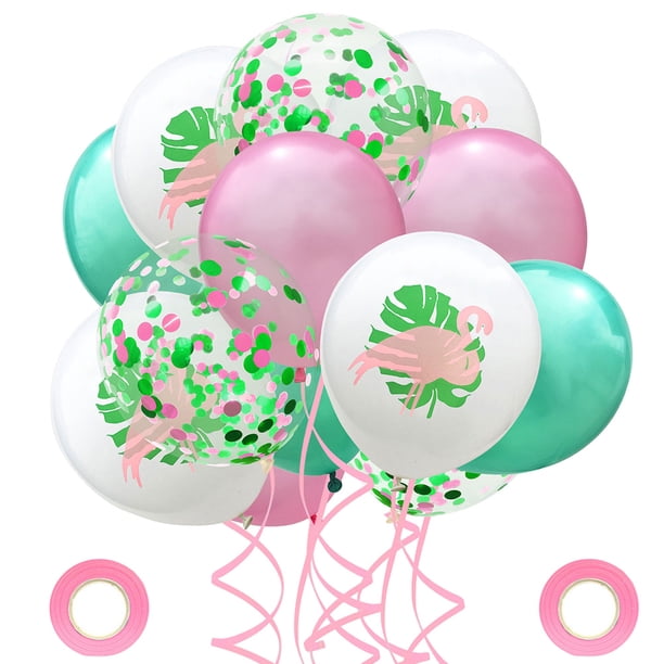 KAKOWELY Juego de 22 globos de látex de 12 pulgadas con temática hawaiana, globos de flamenco de verano, recuerdos de fiesta de cumpleaños con 2 cintas para bodas y fiestas de cumpleaños.