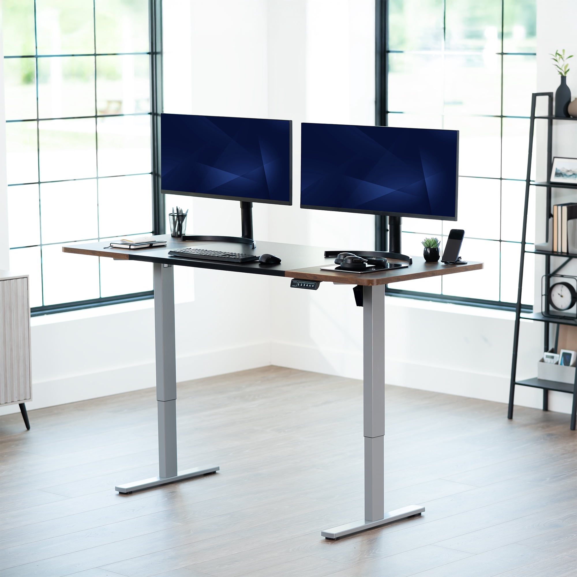 VIVO Electric 71” x 30” Stand Up Desk, Black & Vintage Brown Top, Gray Frame