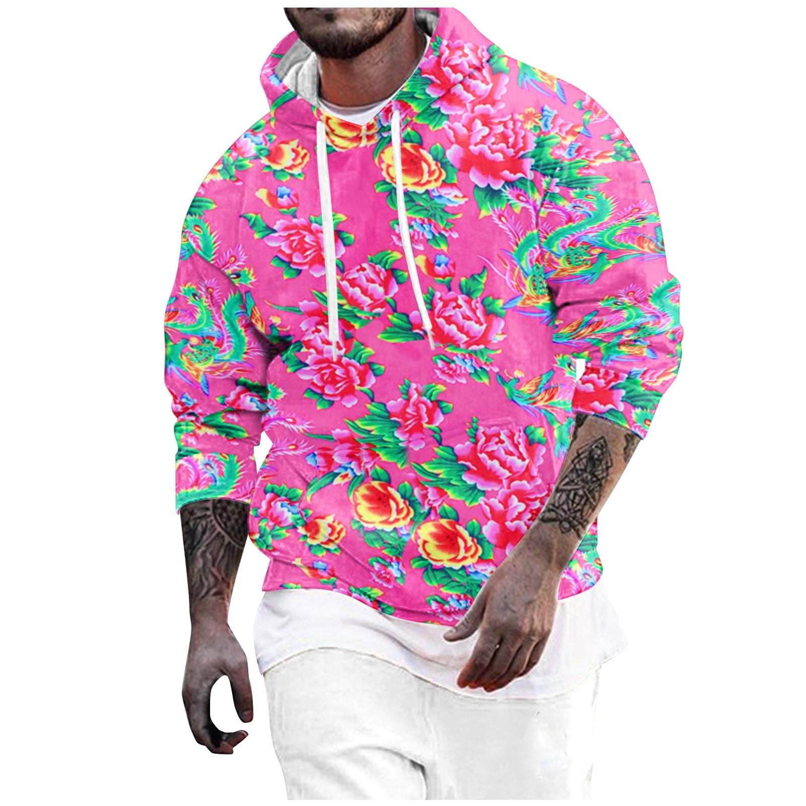 EHQJNJ Mens Sweatshirt Hoodies Male Spring and Autumn Large Flower