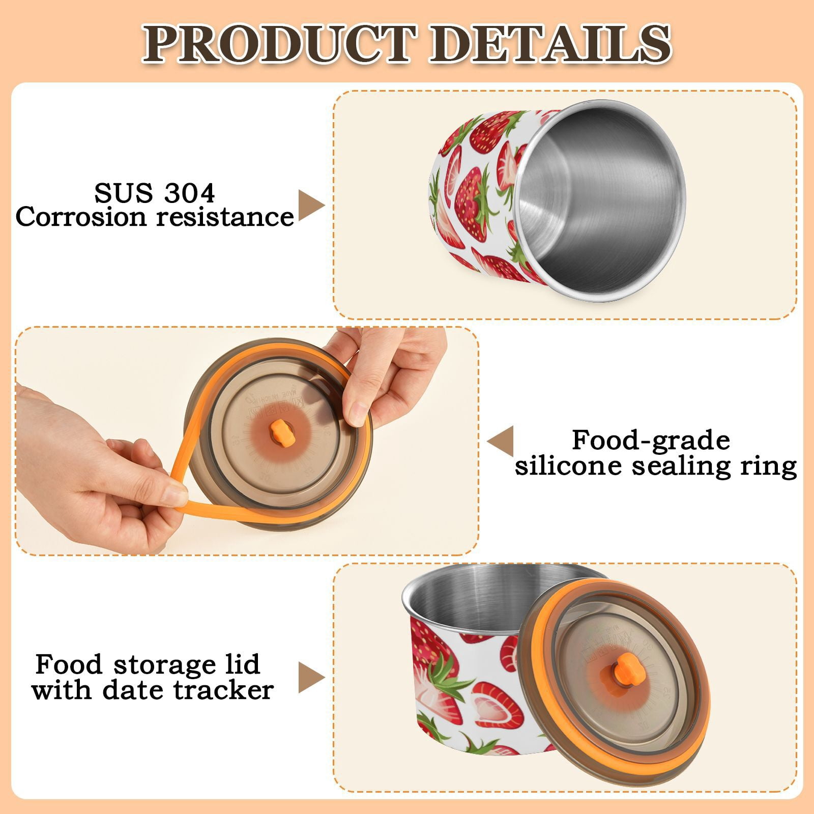 Strawberry Fruit Airtight Coffee Bean Canister 30oz Food Storage Containers with Lids For Gournd, Tea, Sugar, Flour, Rice, Cereal, Candy Cookie Jar
