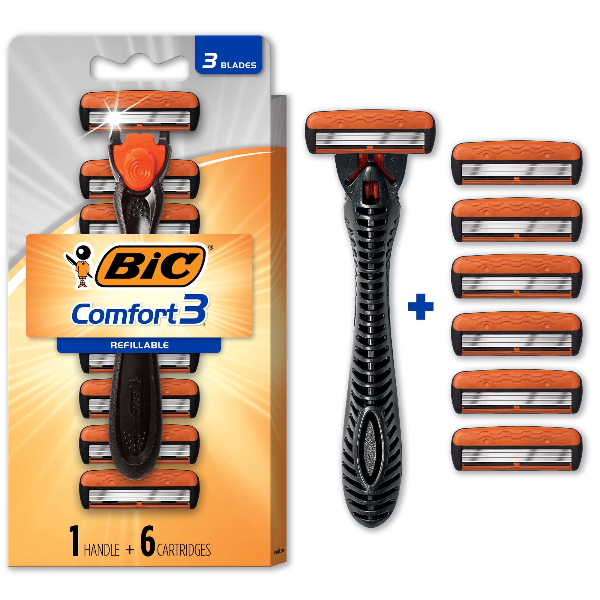 BIC Comfort 3 Hybrid Men's Disposable Razor, Sensitive Skin Razor, 1 Handle and 6 Cartridges
