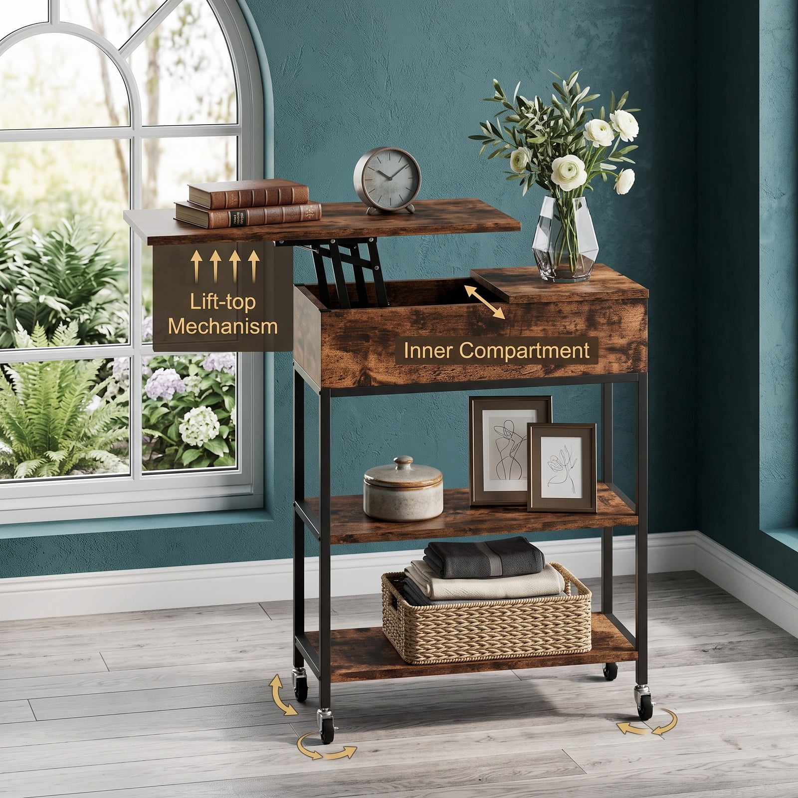 Furnibear Lift Top End Table with Charging Station and Universal Wheels, Rolling Side Table with Hidden Storage Compartment, USB & Type-C Ports, AC, Rustic Brown