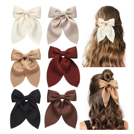 CHUNYAN 6Pcs Hair Bows for Girls, Satin Hair Bow Alligator Clips, Silky Ribbon Hair Accessories for Women, Neutral Color Bow Hair Clips, Maroon Bows for Girls